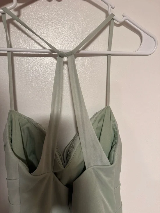 Azazie Dusty Sage Dress Long Ruched Lace Formal Gown - Size 6 - Picture 5 of 5